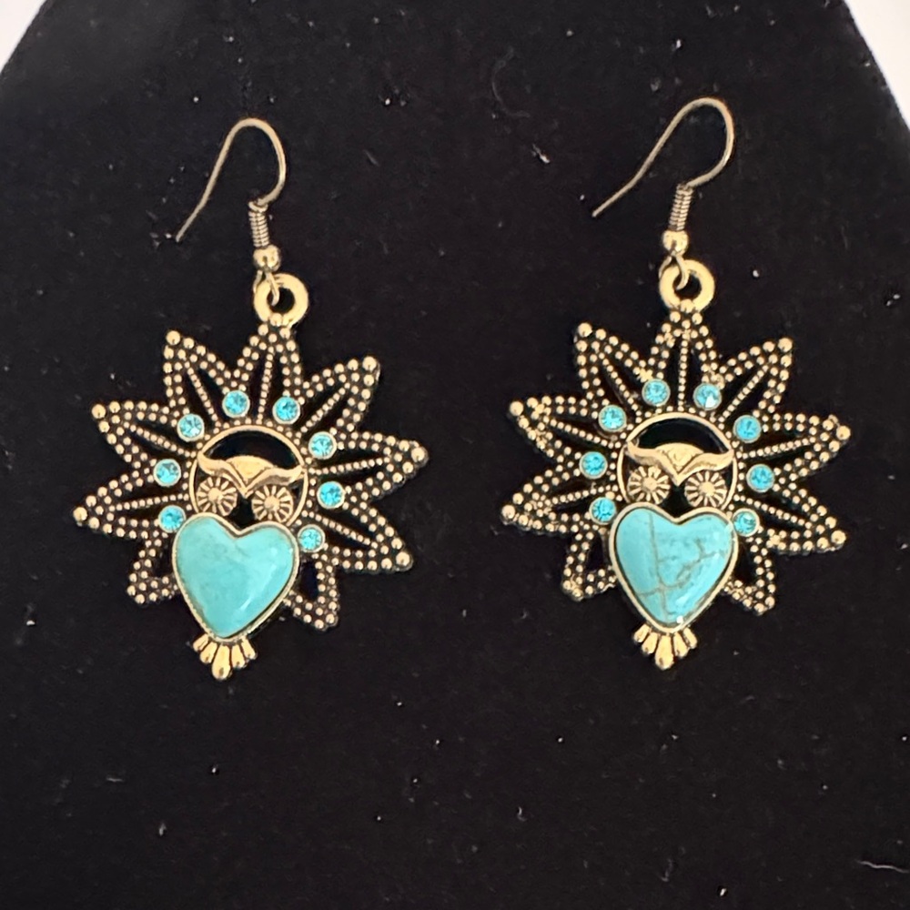 Gold-Tone Sunburst Heart Drop Earrings with Turquoise Accents